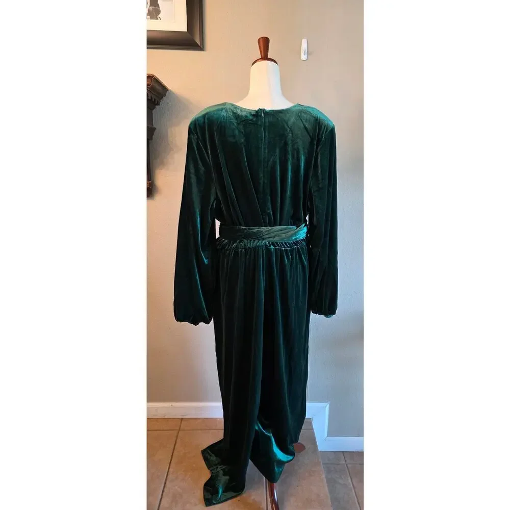 NWT Eloquii Tie Belt Wide Leg Velvet Jumpsuit Green SZ 24 Plus Size - Picture 3 of 7